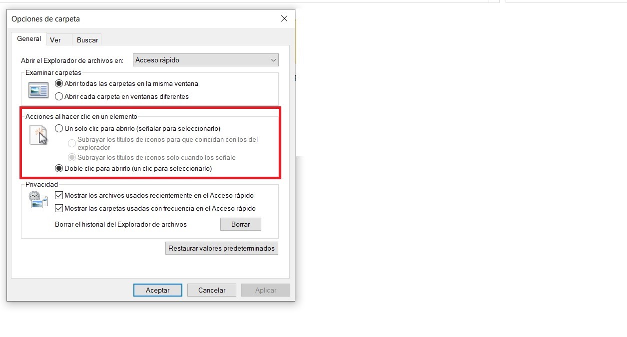 Abrir carpetas con un clic Windows 10
