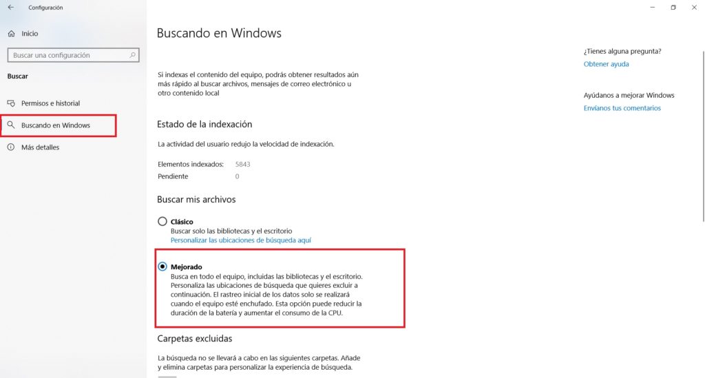 Activar busqueda mejorada Windows 10